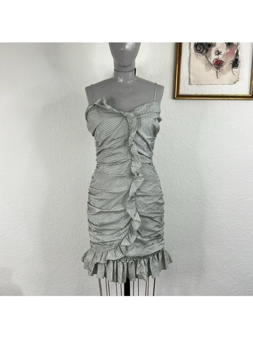 VTG Betsy Johnson Ruched Striped Ruffle Sweetheart Mini Cocktail Party Dress
